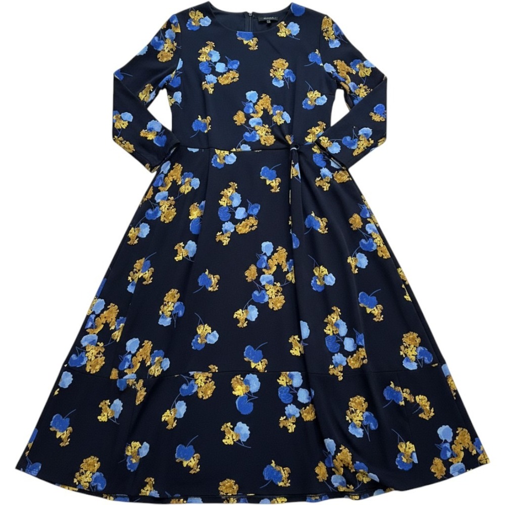 Talbots Floral Maxi Dress Womens 20W Navy Blue Yellow Floral Long Sleeve